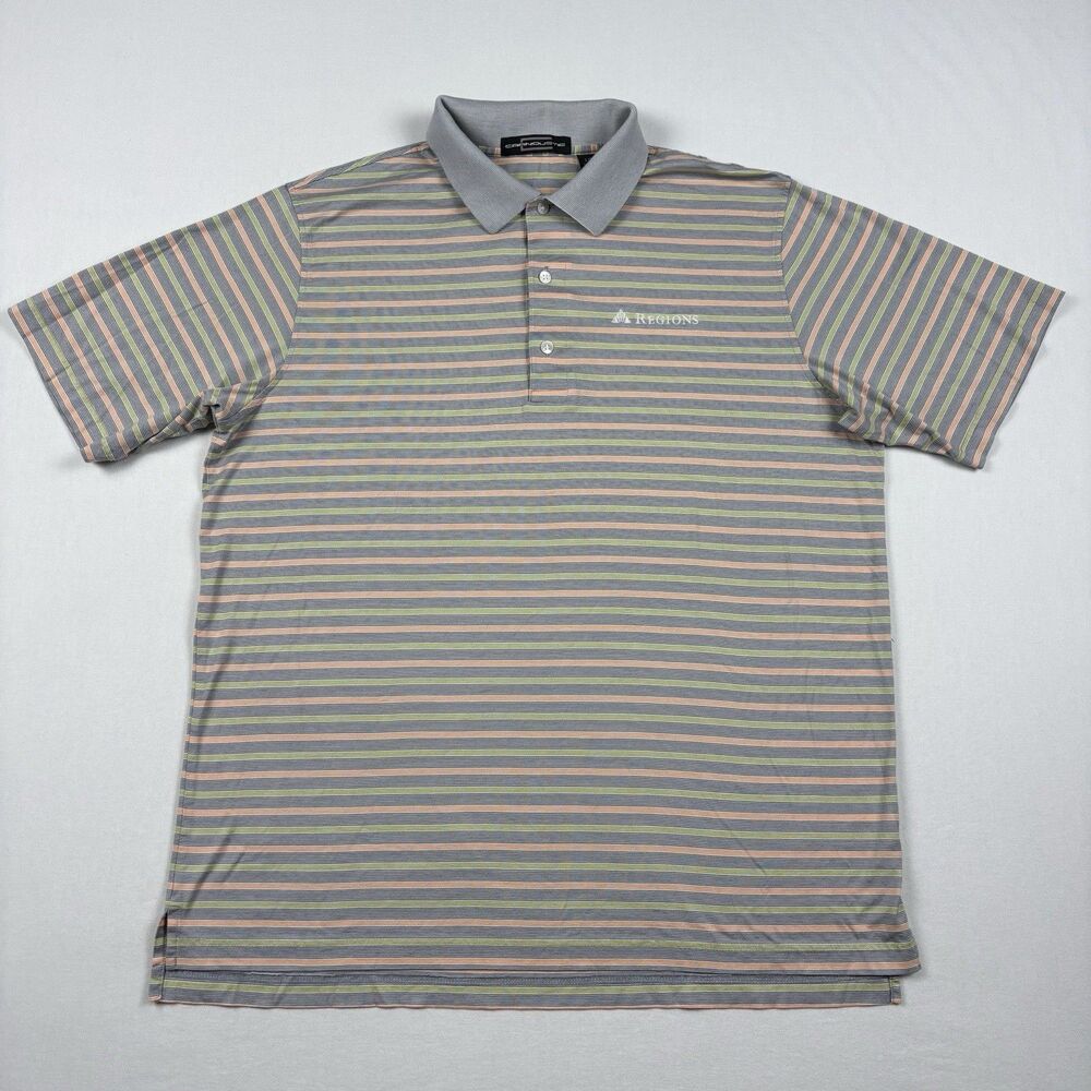 Carnoustie Striped Polo Shirt Men’s L Gray Regions Logo Cotton Mercerized Golf